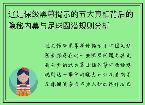 辽足保级黑幕揭示的五大真相背后的隐秘内幕与足球圈潜规则分析