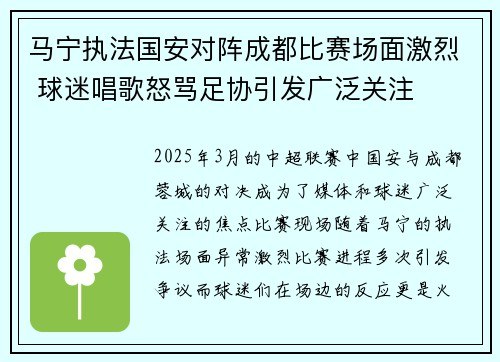 马宁执法国安对阵成都比赛场面激烈 球迷唱歌怒骂足协引发广泛关注