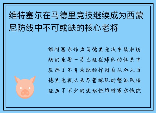 维特塞尔在马德里竞技继续成为西蒙尼防线中不可或缺的核心老将
