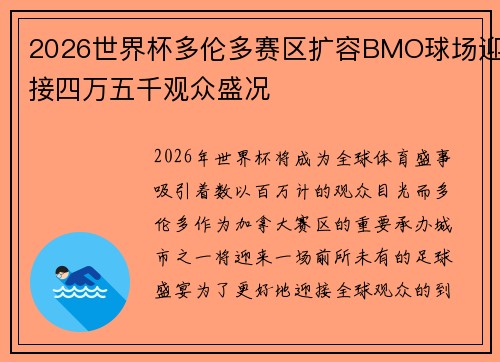 2026世界杯多伦多赛区扩容BMO球场迎接四万五千观众盛况